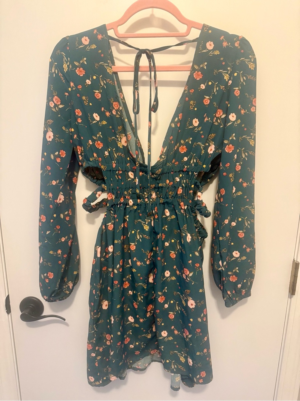Forever 21 Floral Green Long-Sleeve Tie-Back Dress with Cut Out Side Detail
